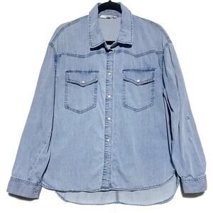 Jane Delancey Pearl Snap Button Top Women's Large Blue Denim Solid Long Sleeve